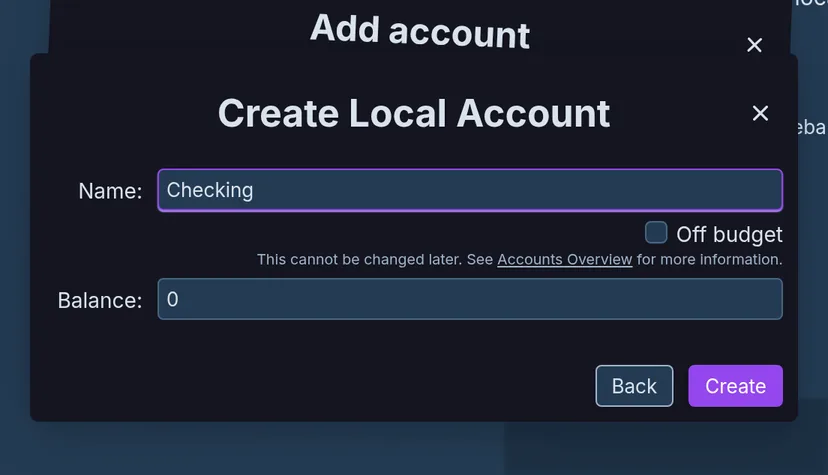 Add account dialog names a new checking account.