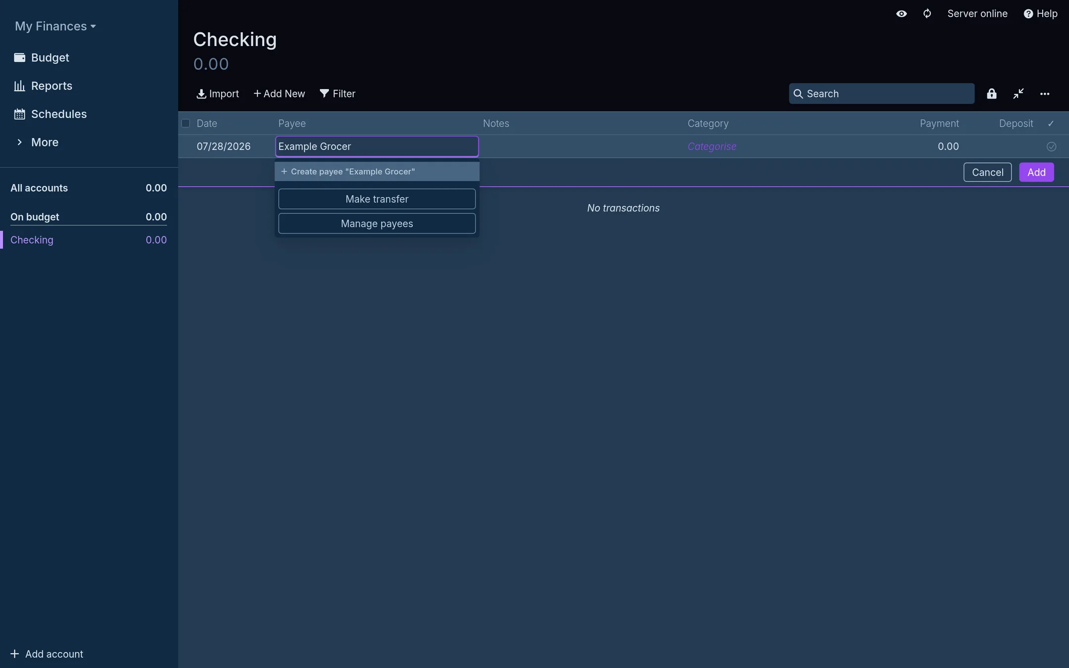 Register row records a payee and category.