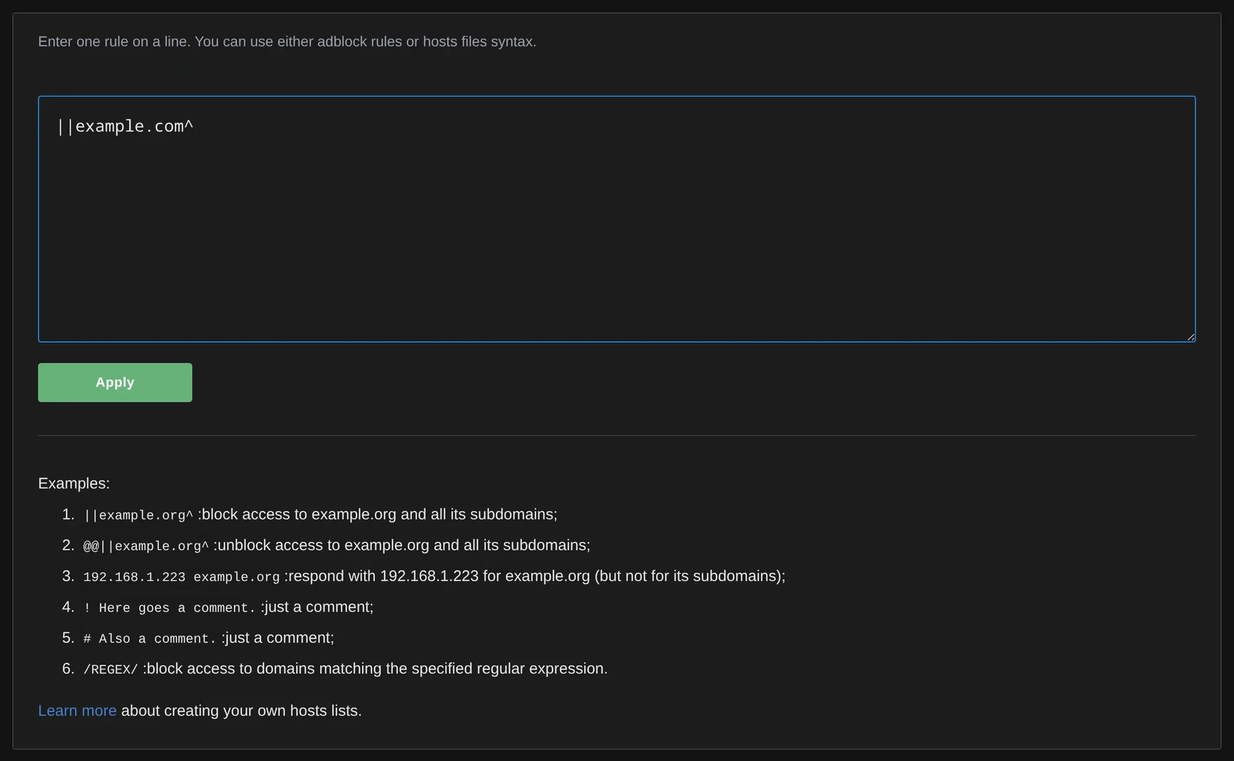 Add a custom blocking rule for one domain.