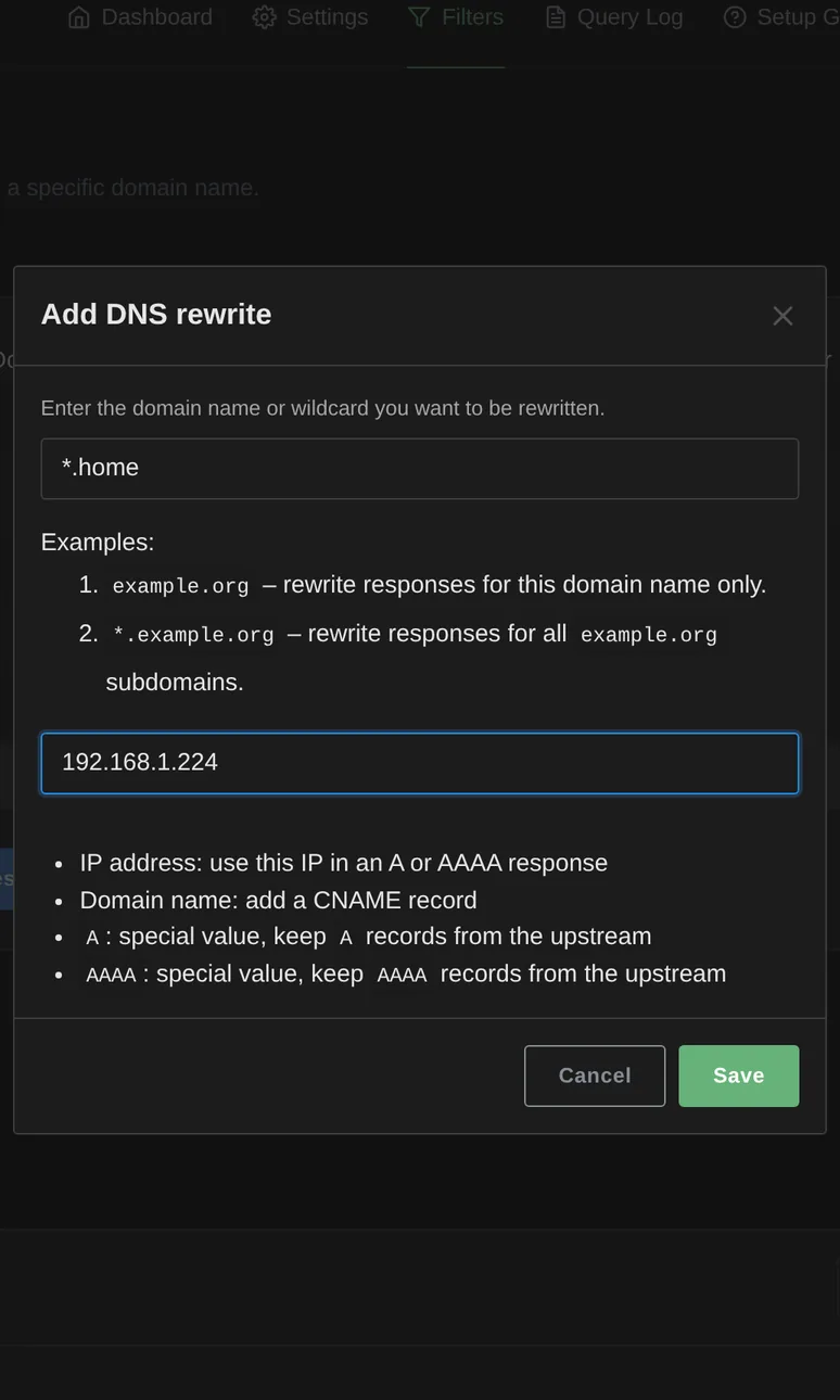 Send every .home name to the reverse proxy with one wildcard rewrite.