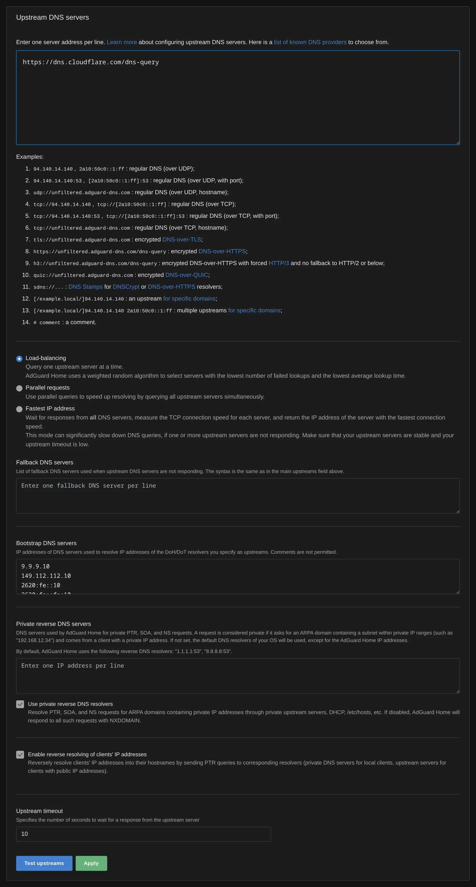 Set the upstream DNS resolver and apply the change.