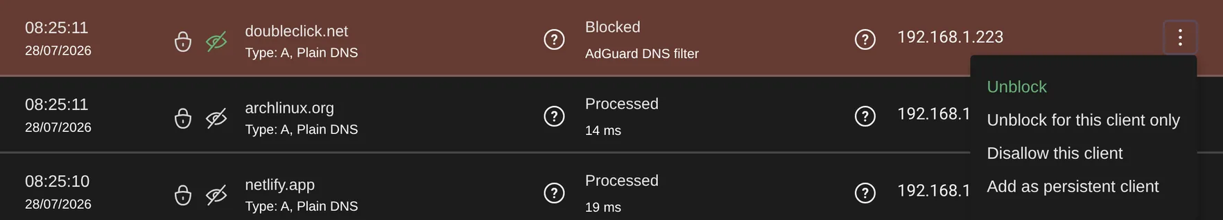 Unblock a domain from its query-log entry.