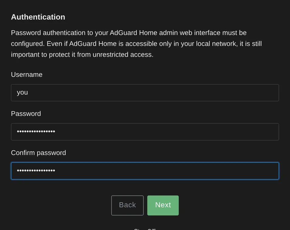 Create the AdGuard Home admin login.