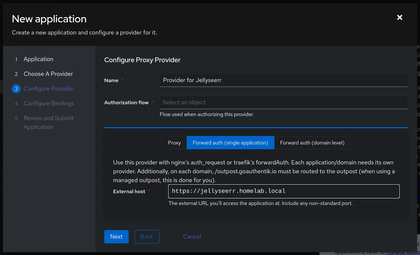 Create with Provider dialog sets a forward-auth application.