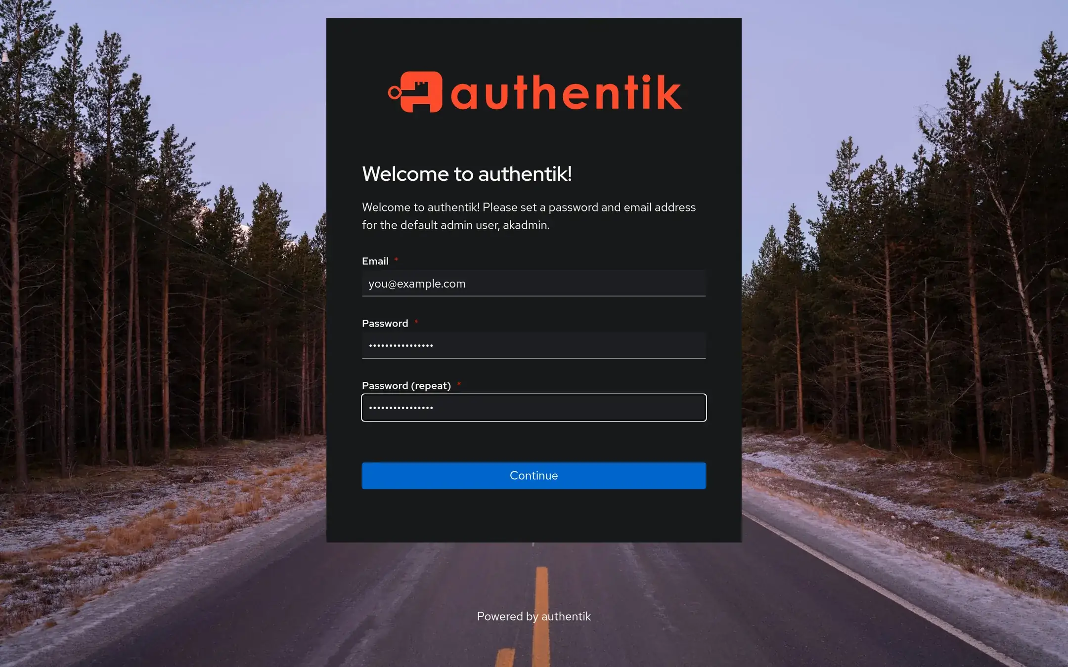 Initial setup flow creates the akadmin account.