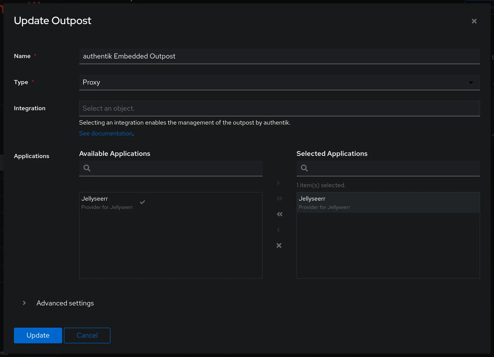 Embedded Outpost editor adds the new application.