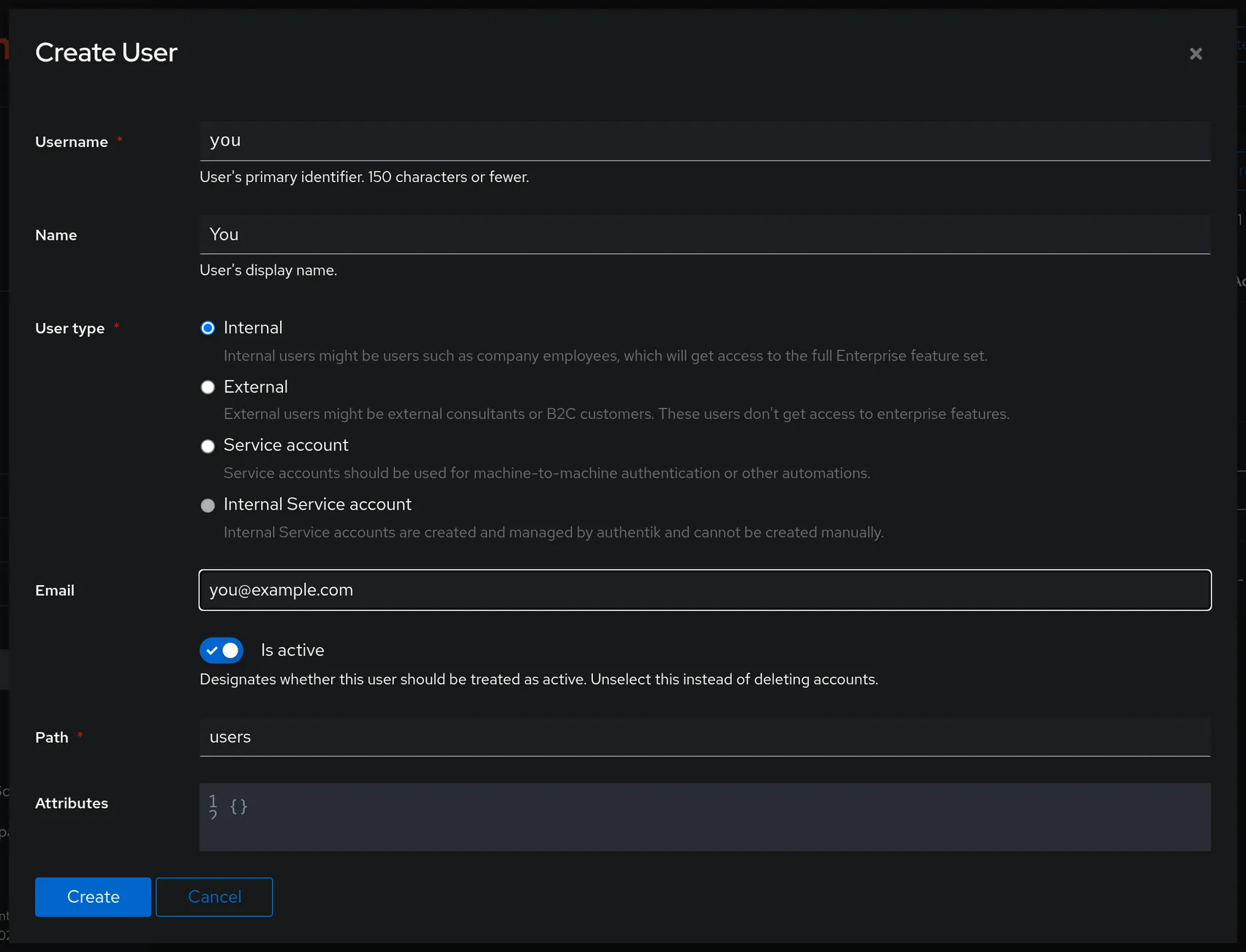 Create dialog adds a new directory user.