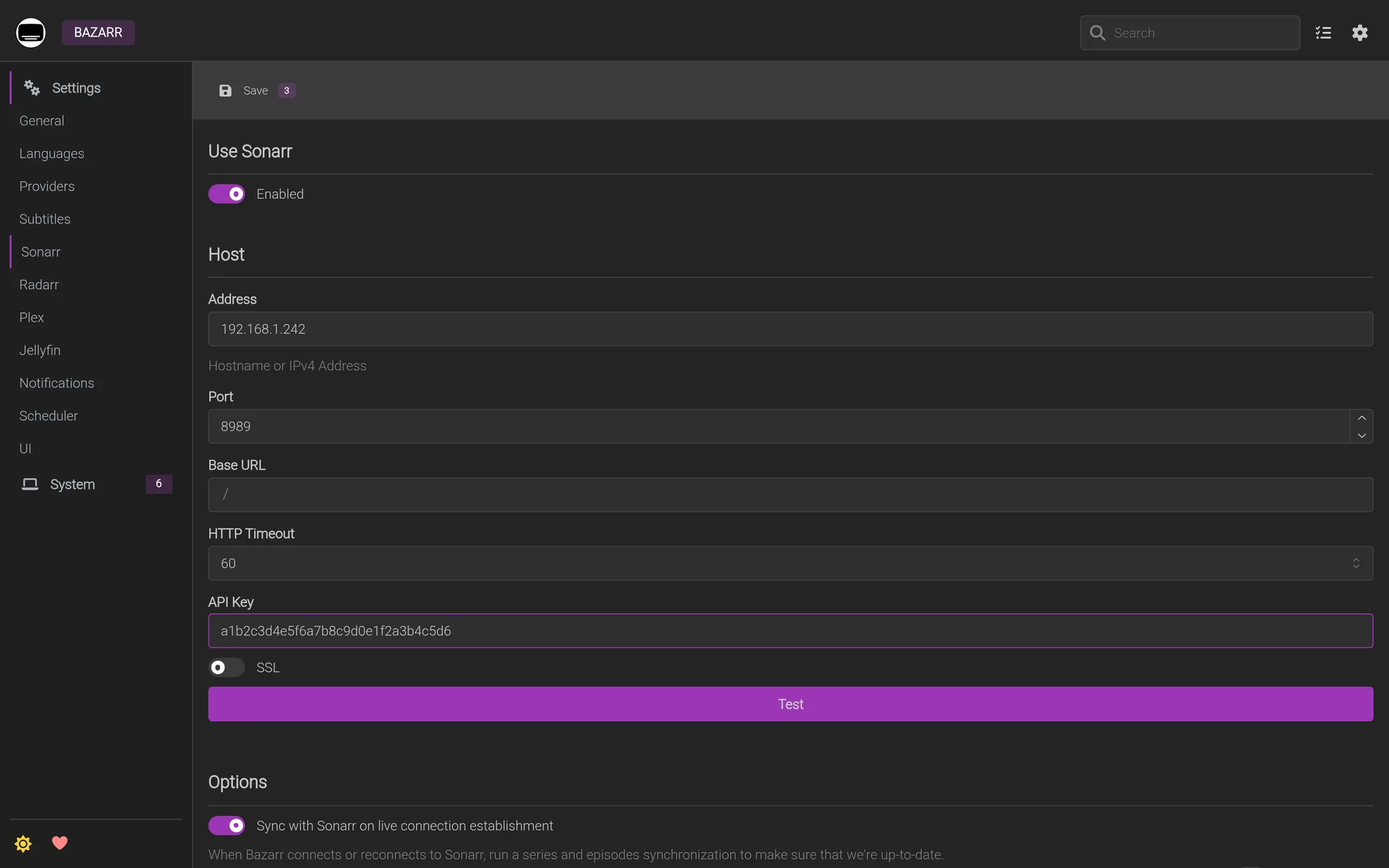 Connect Bazarr to Sonarr with its address, port, and API key.