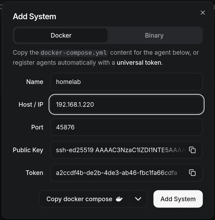Read the generated agent command with its key and token filled in.