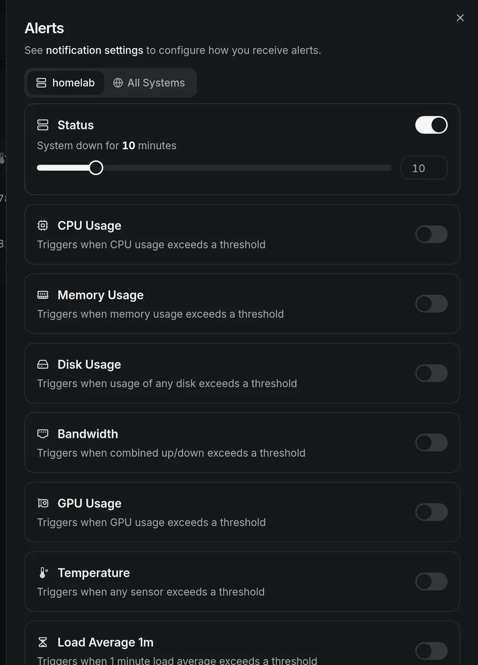 Turn on status alerts and set a threshold slider for a machine.