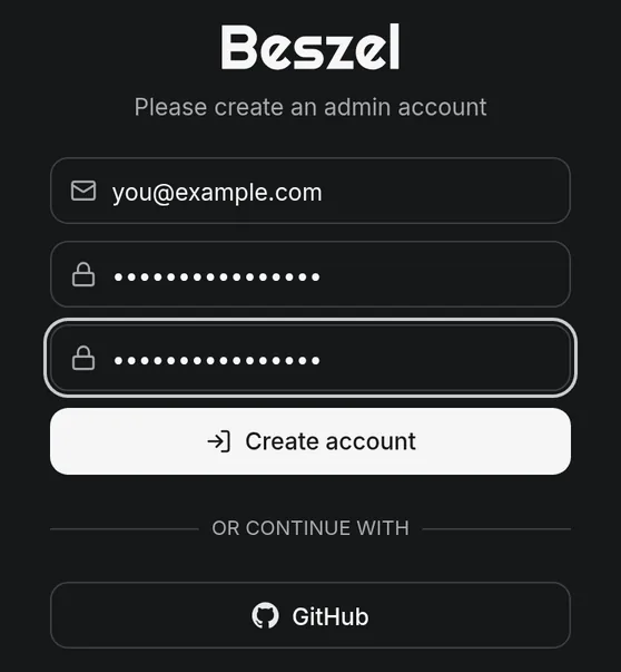 Create the Beszel hub admin account on first visit.