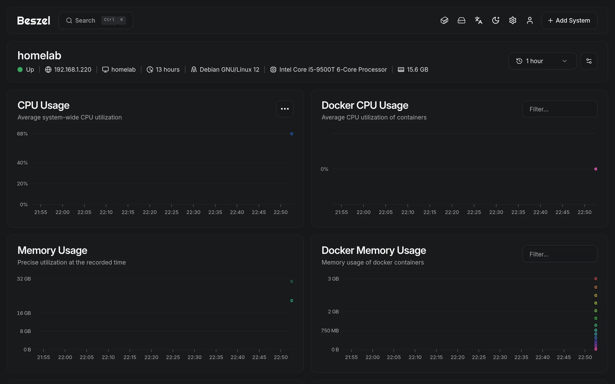 View the CPU, memory, disk, and network graphs for one machine.