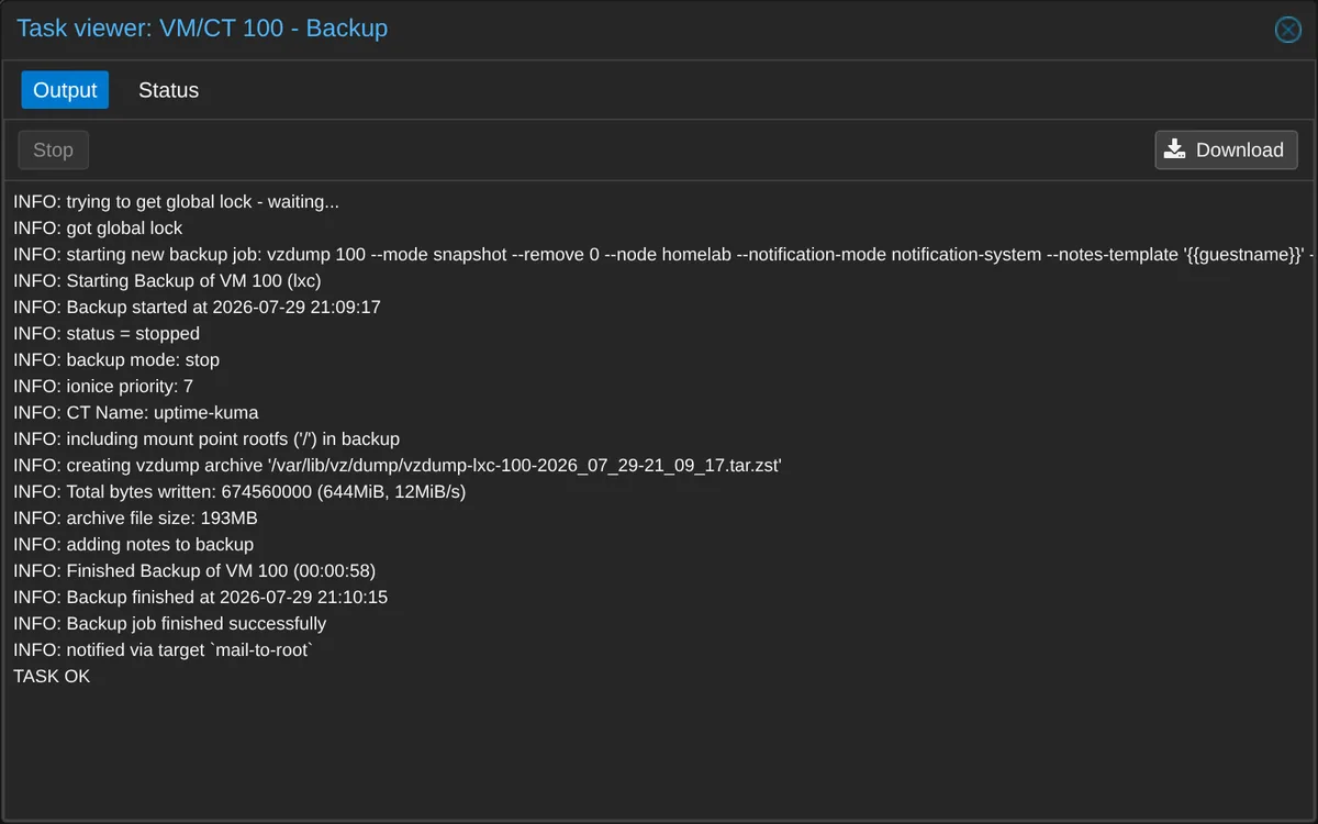 Proxmox Task viewer for a finished backup: the INFO lines naming the archive it wrote, its size, and the closing TASK OK line.