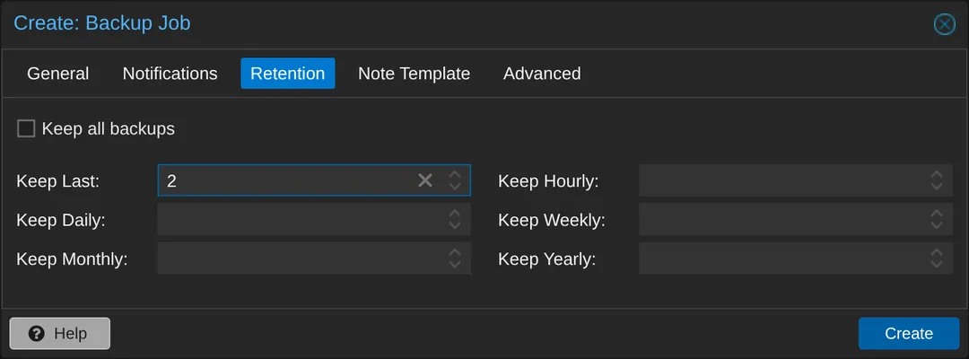 Retention tab of the Proxmox Create Backup Job dialog with Keep Last set to 2, Keep all backups unticked, and every other keep field empty.