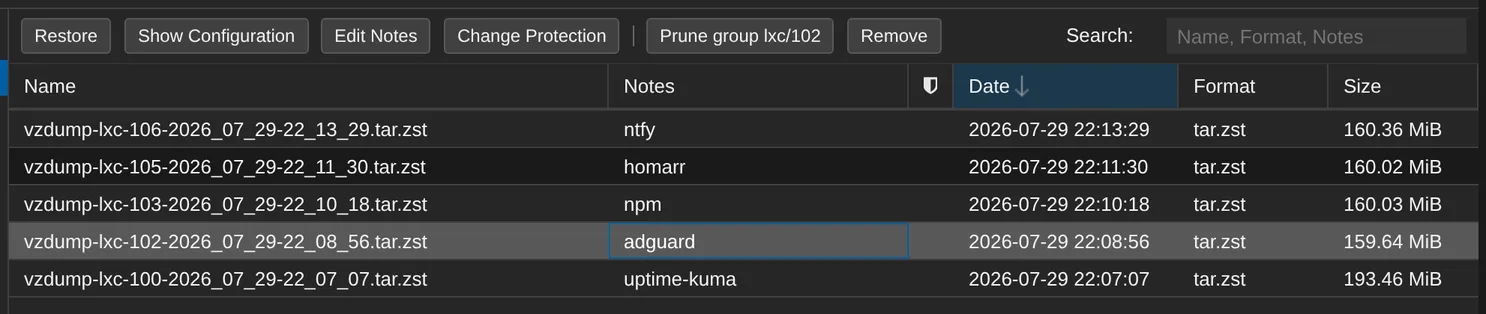 The storage's Backups list with one archive row selected, which enables the Restore button in the toolbar above it.