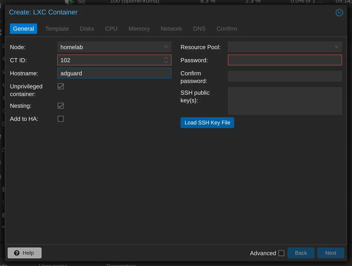 Set the CT ID, hostname, and network address for the AdGuard container.