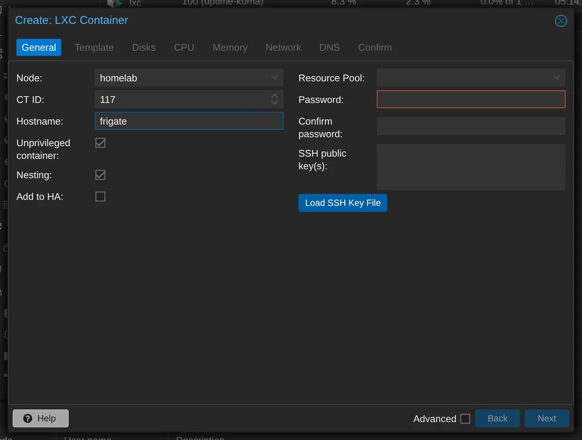 General tab shows CT ID 117 and hostname frigate.