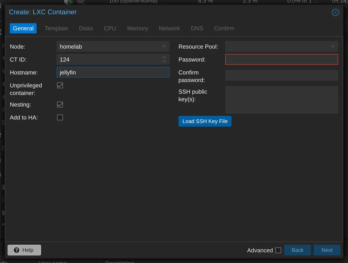 Fill in the General tab for container 124, jellyfin.