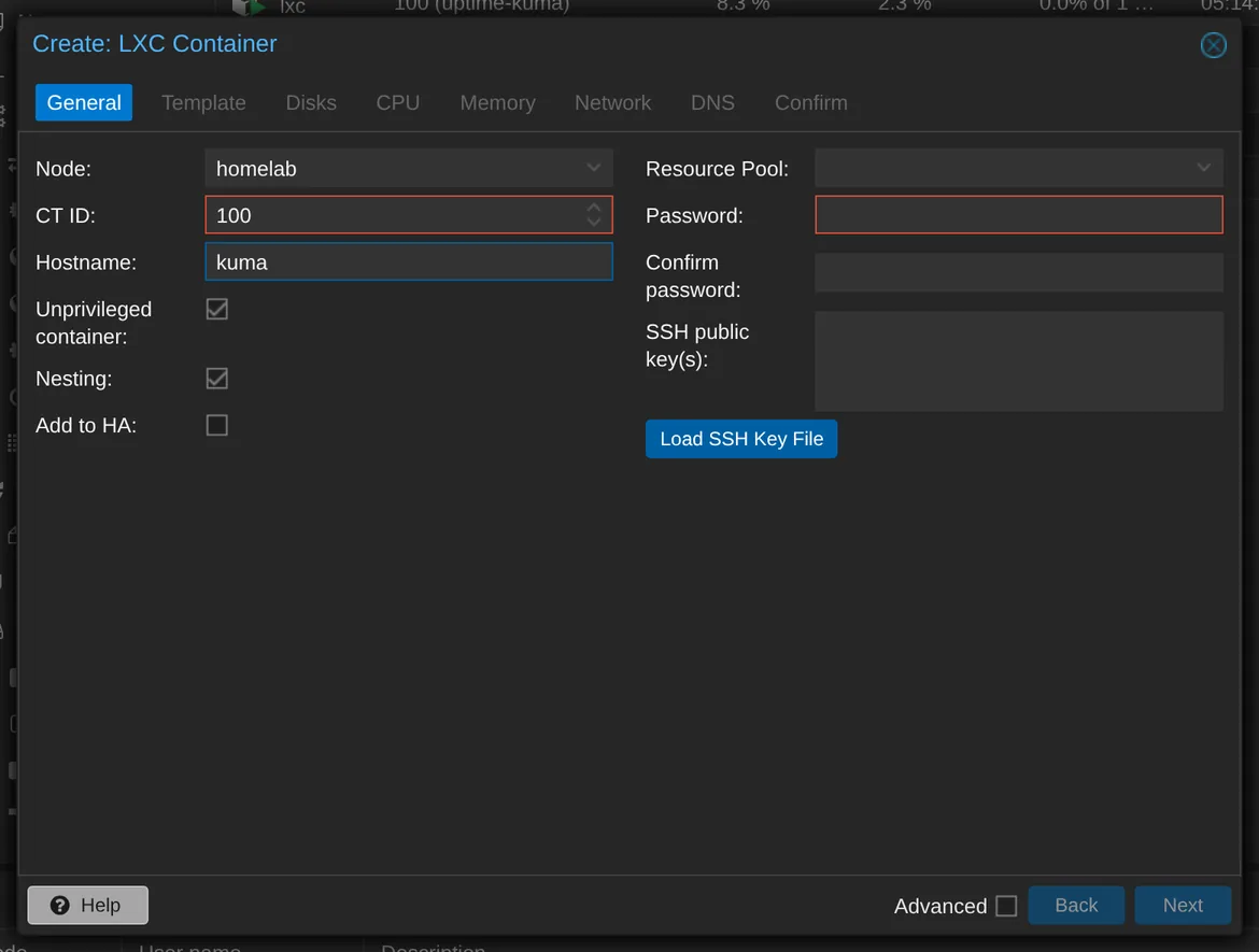 Set the CT ID, hostname, and network address for the Uptime Kuma container.