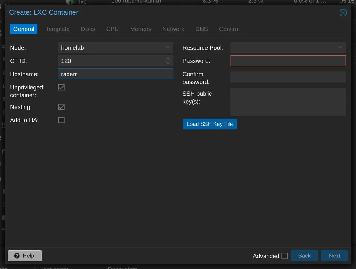 Fill in the General tab for container 120, radarr.