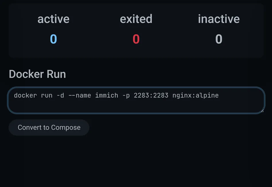 Paste the docker run command in the Docker Run box, then select Convert to Compose.