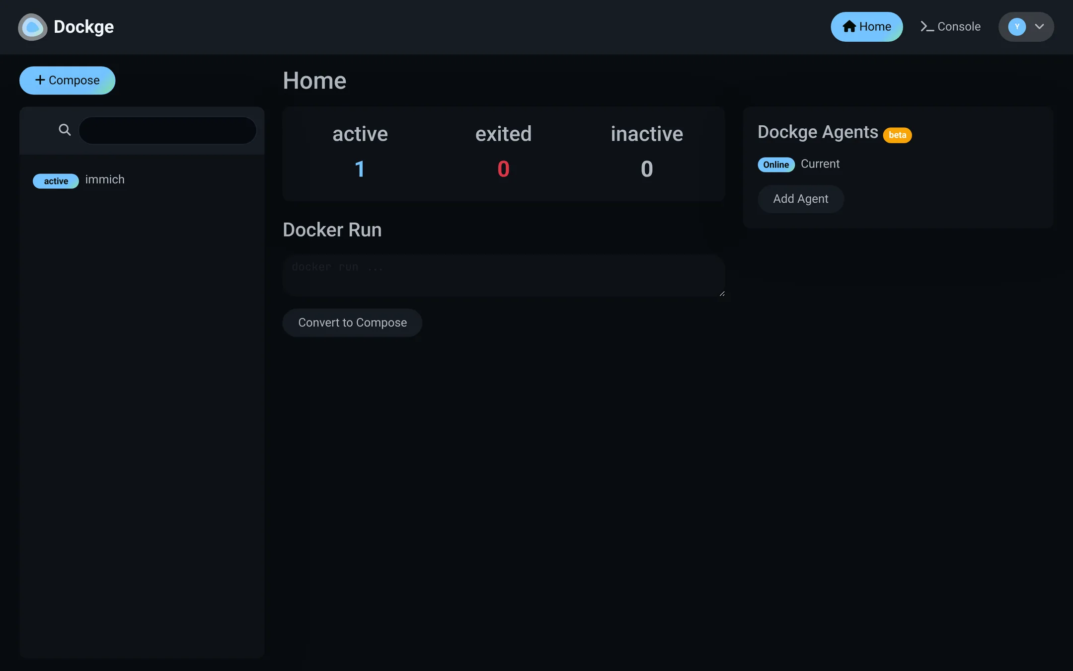 Dashboard lists every stack Dockge manages.