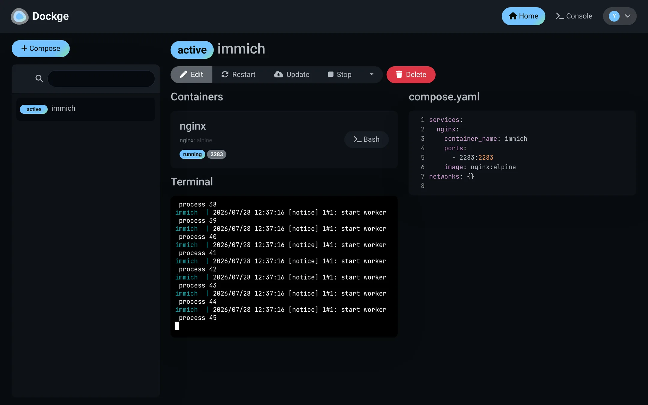 Stack page offers Start, Stop, Restart, and Update controls.