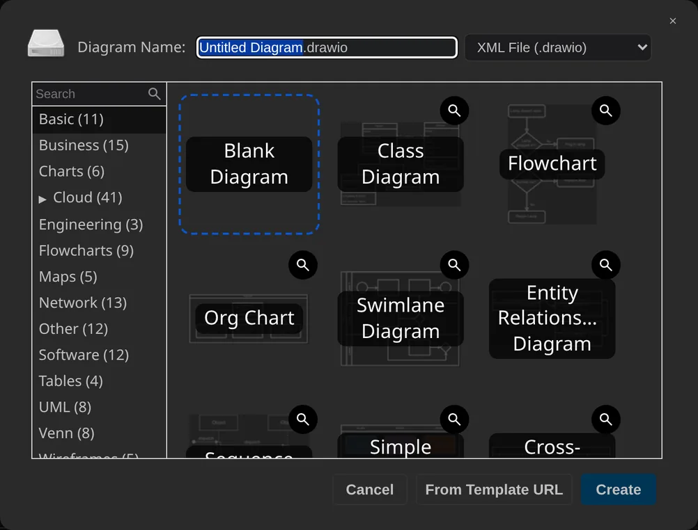 Template picker creates a new diagram.