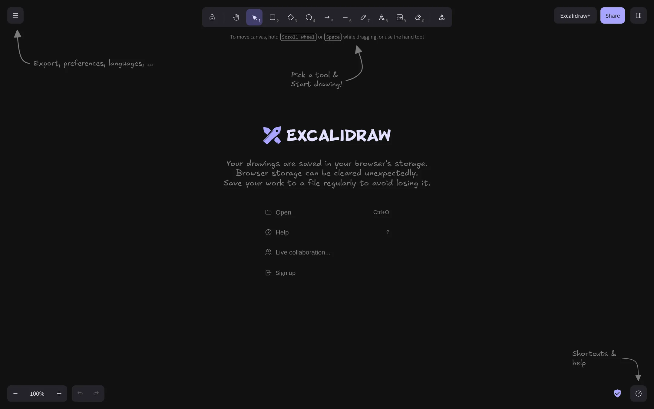 Toolbar offers drawing tools above a blank canvas.