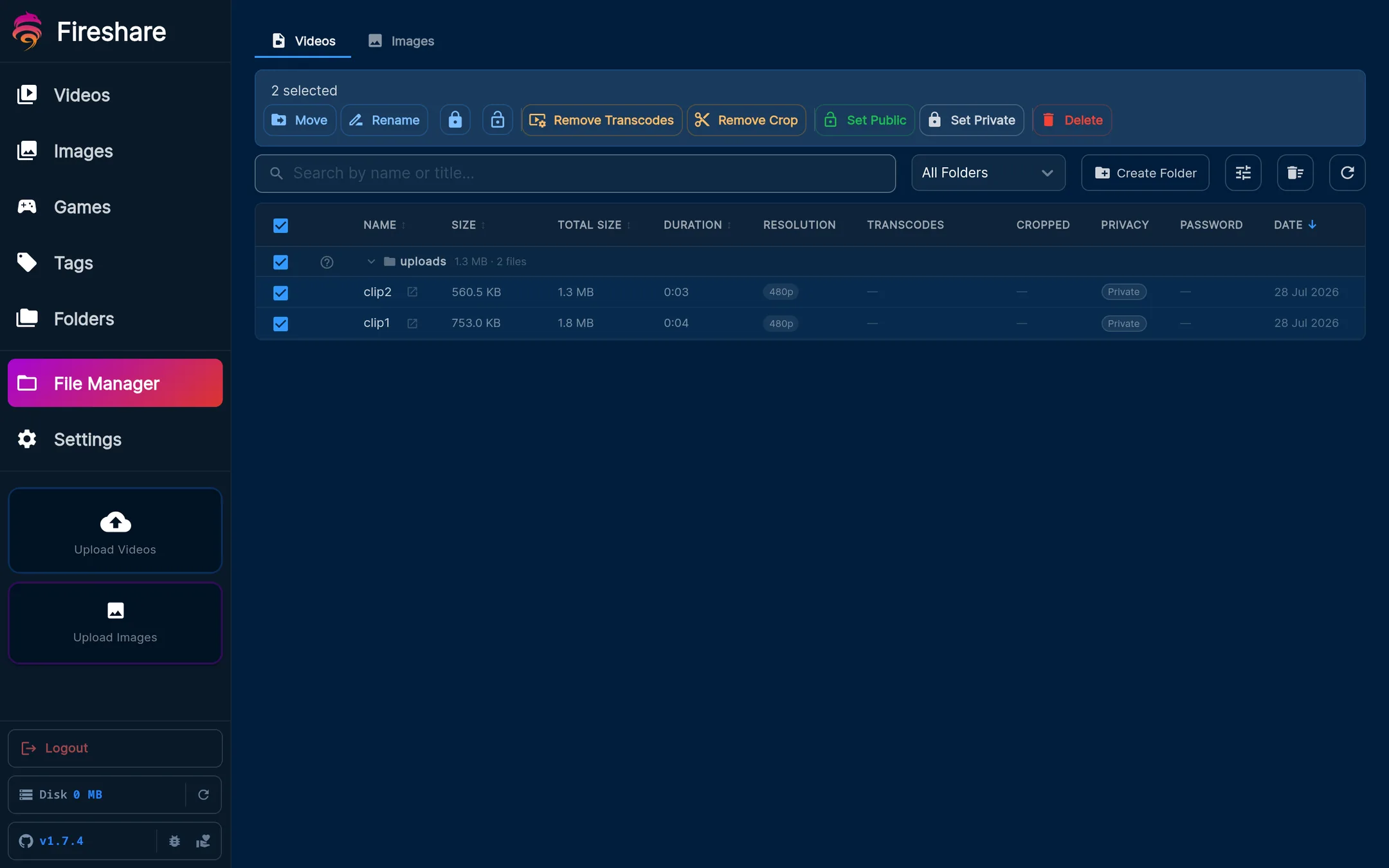 Set a clip private or public in the File Manager.