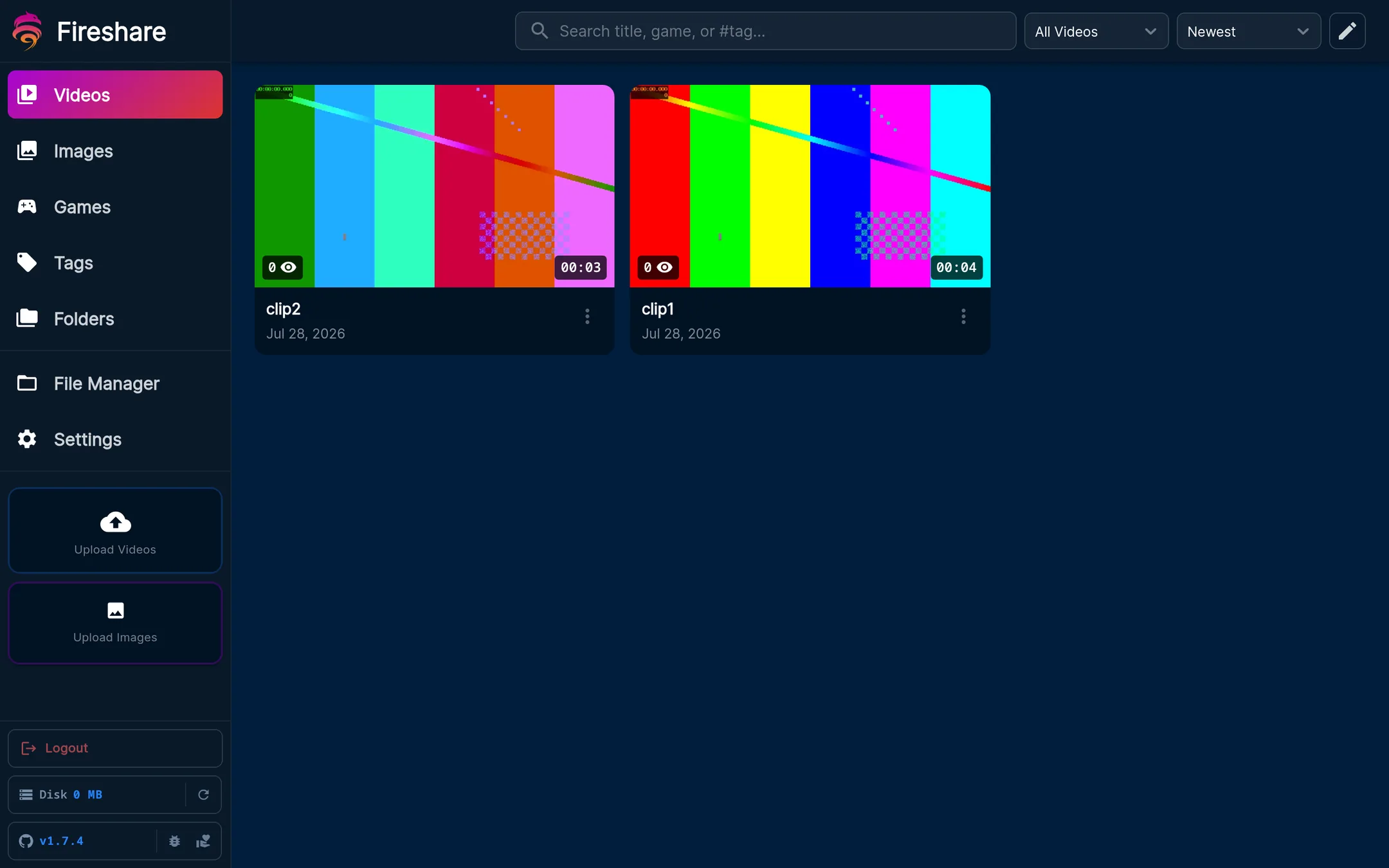 Browse clips in the library grid.