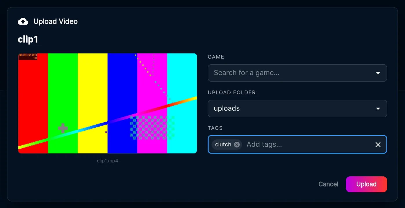 Upload a clip and set its Game and Tags.