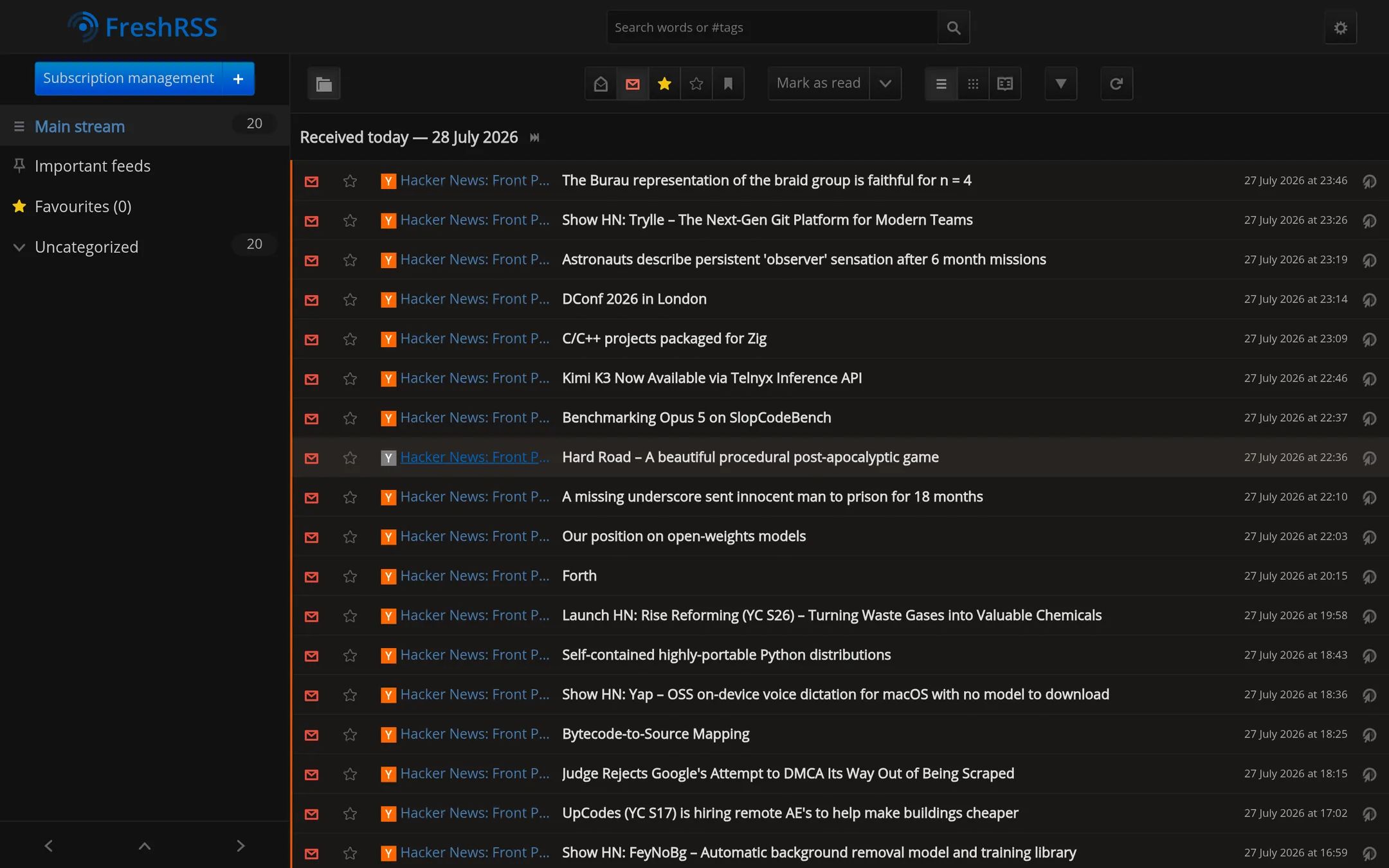 Main stream lists unread articles.