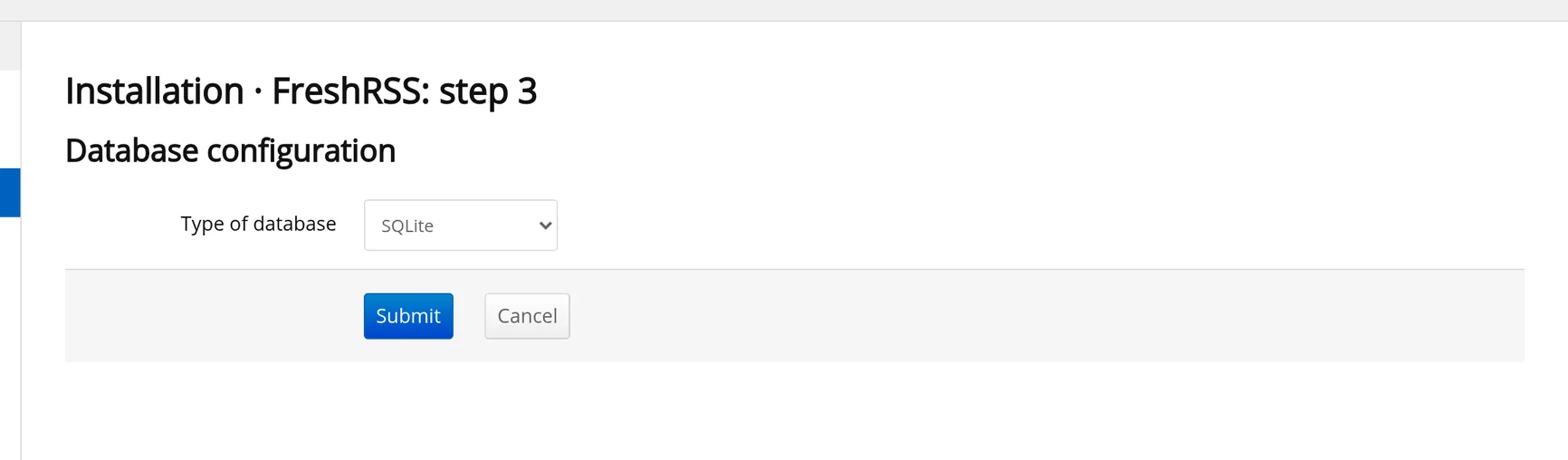 Setup wizard picks SQLite and a login.