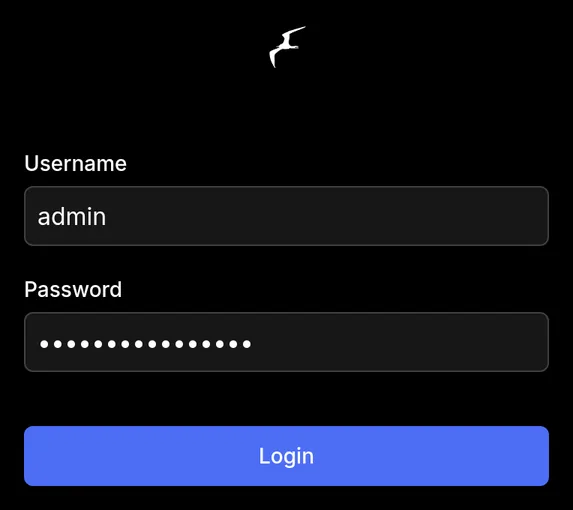 Login screen accepts the one-time admin password.