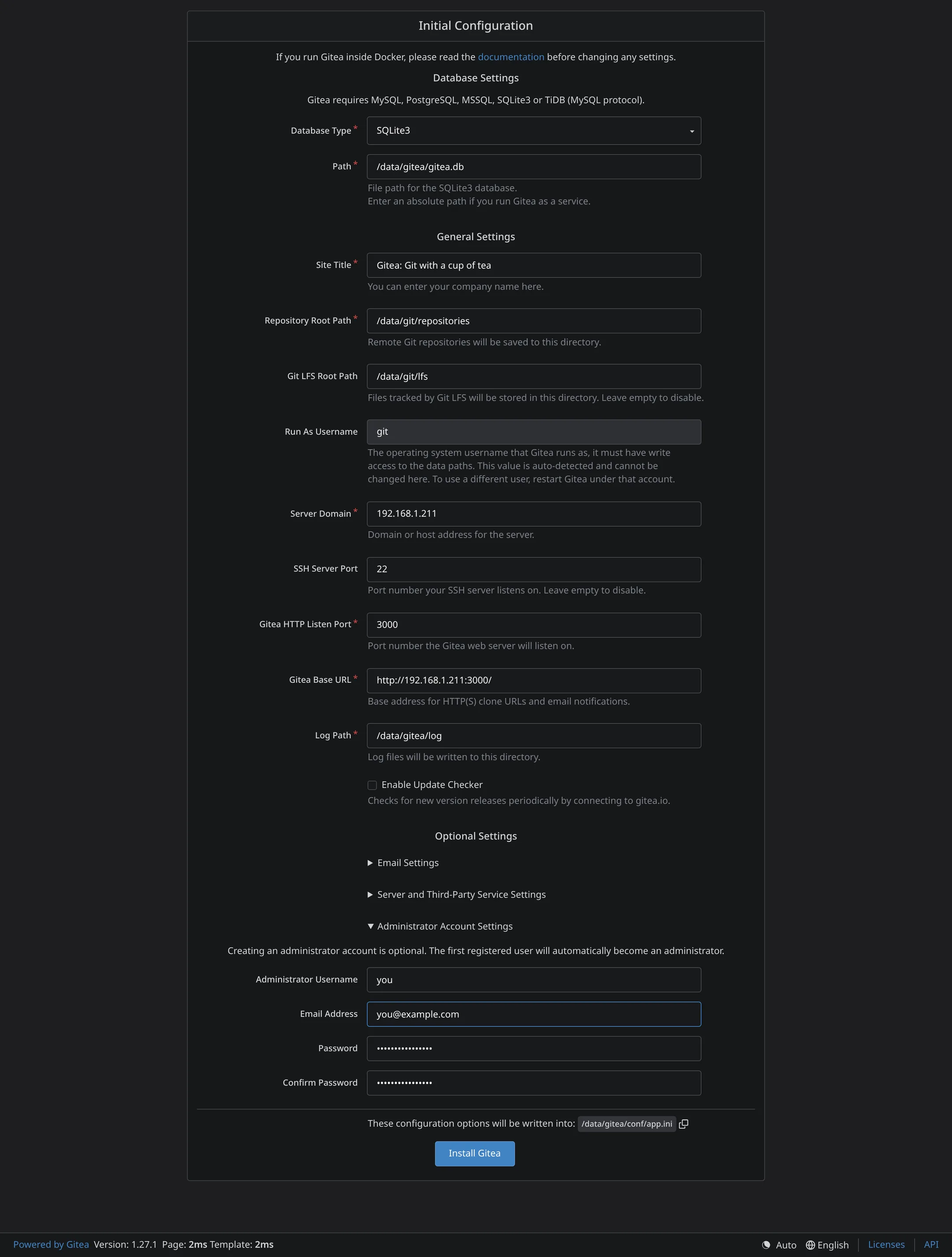 Installer sets the server domain and admin account.