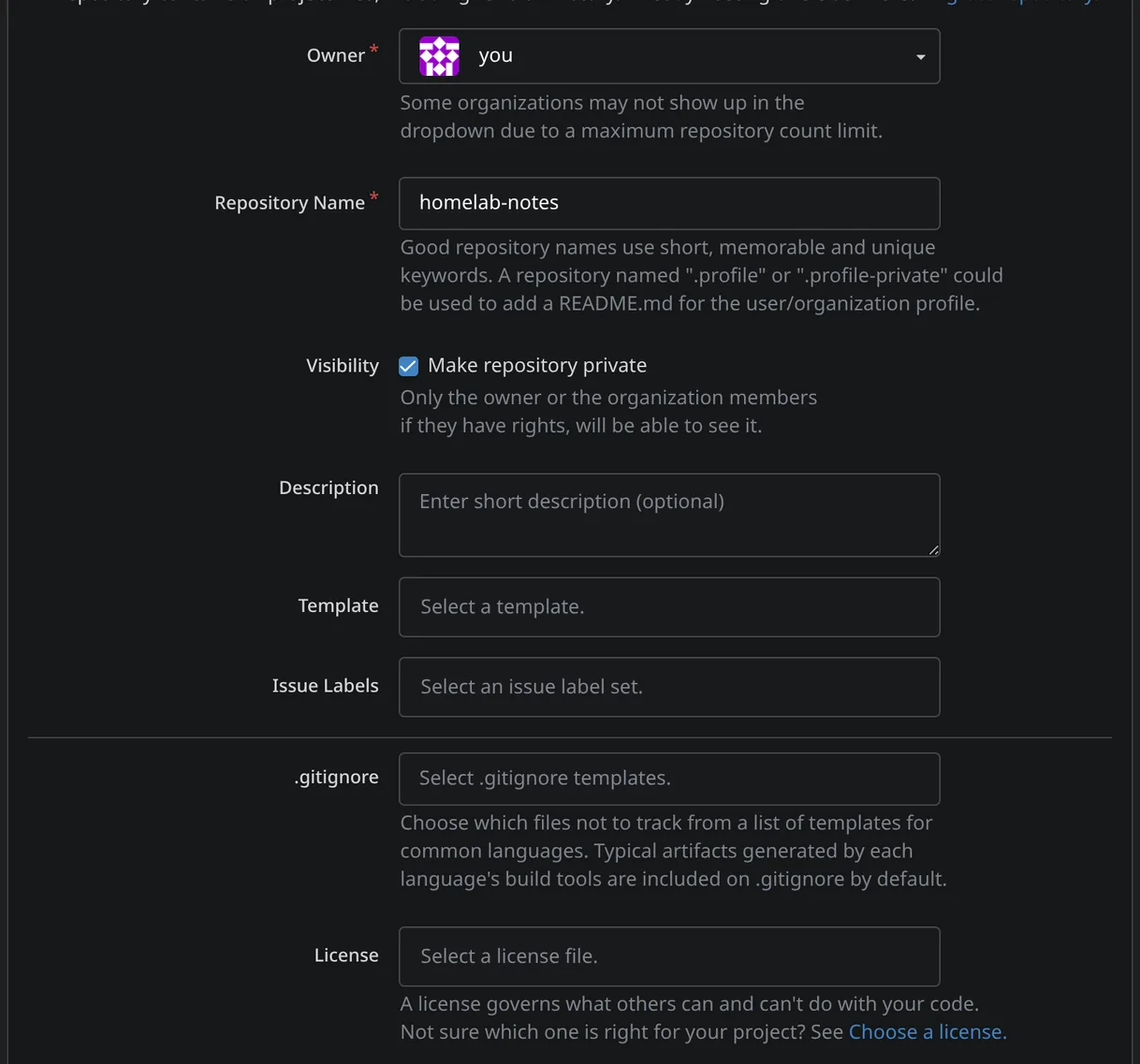 New Repository dialog creates a private repo.