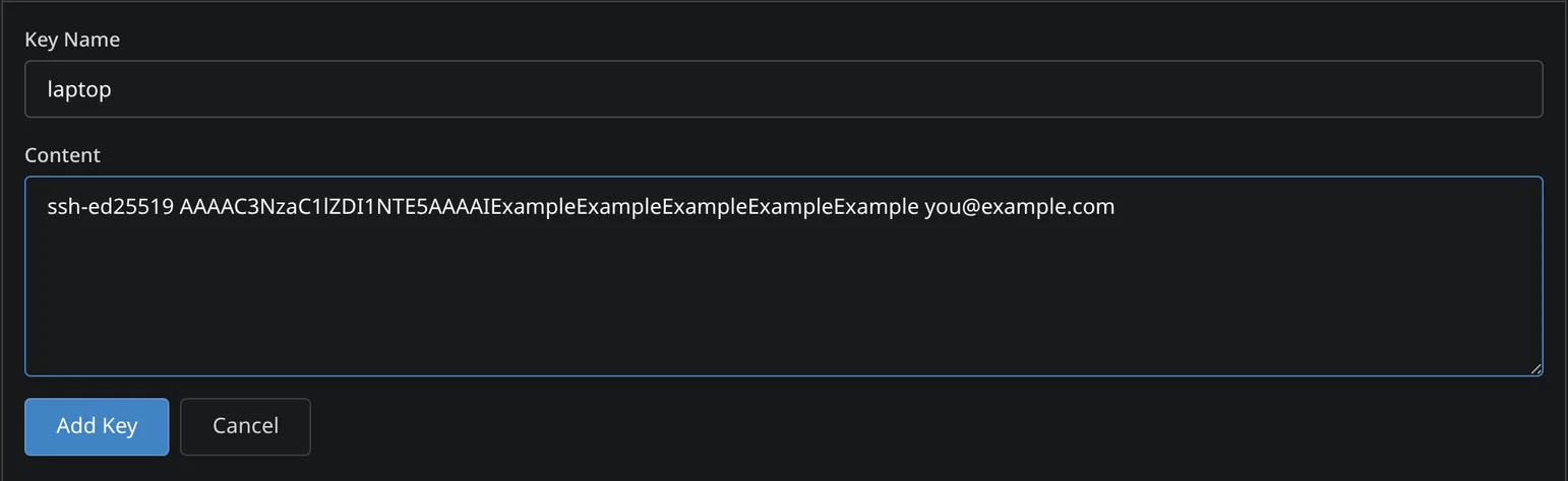 SSH keys settings adds a public key.