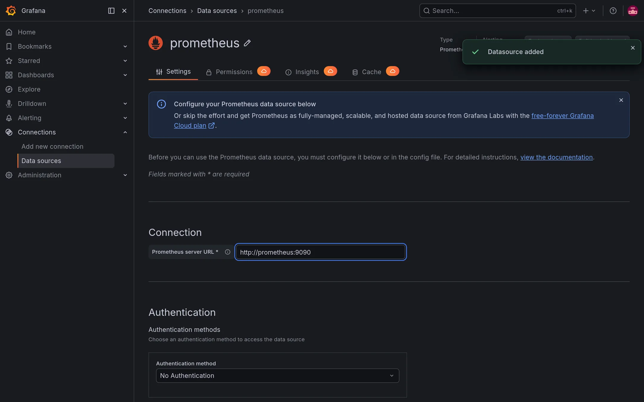 Data source form points Grafana at the Prometheus service name.