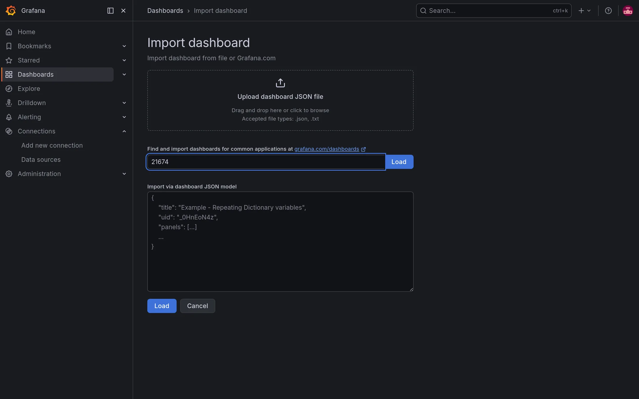 Import screen accepts a dashboard ID to load.