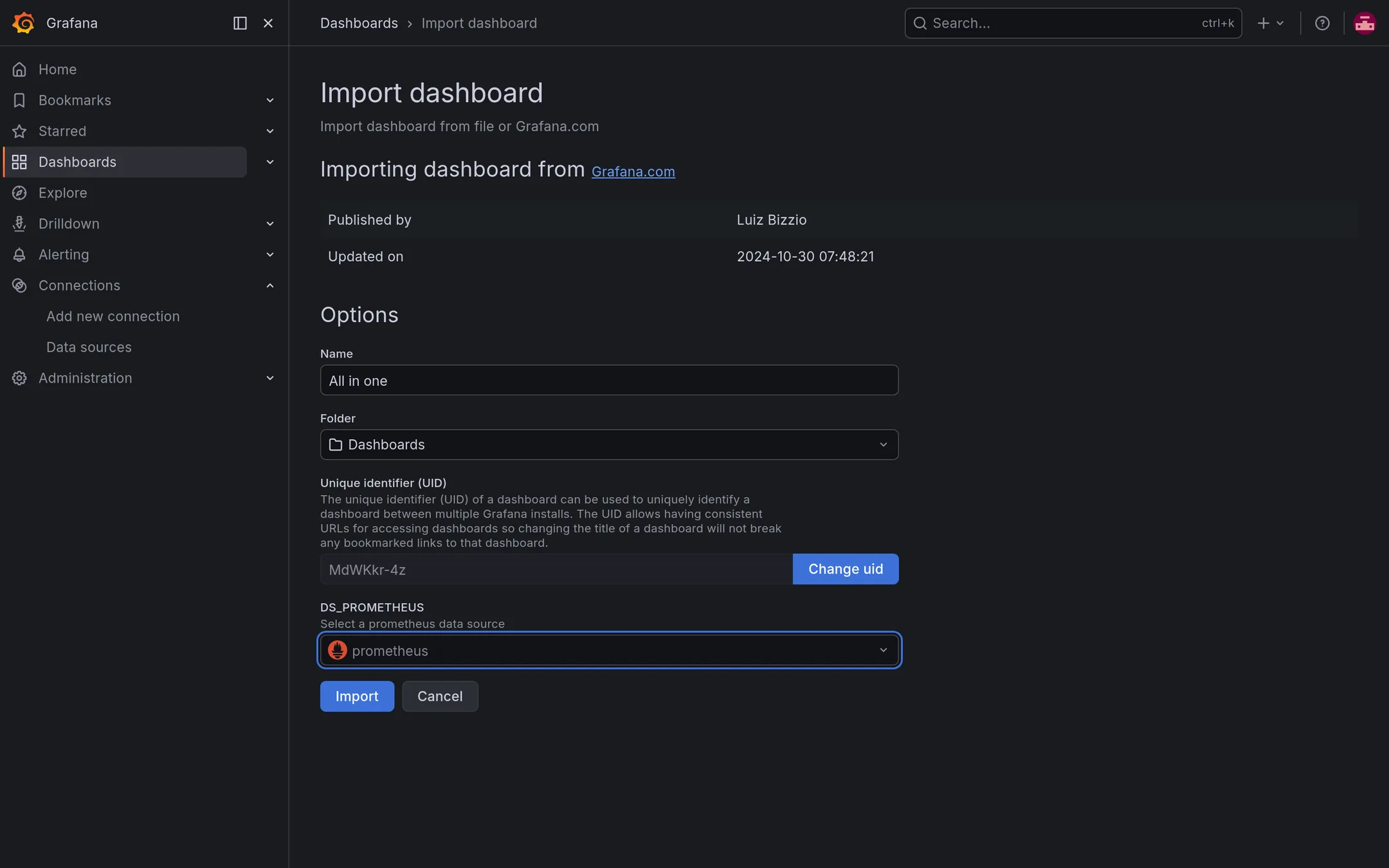 Import screen maps the dashboard's data source before finishing.