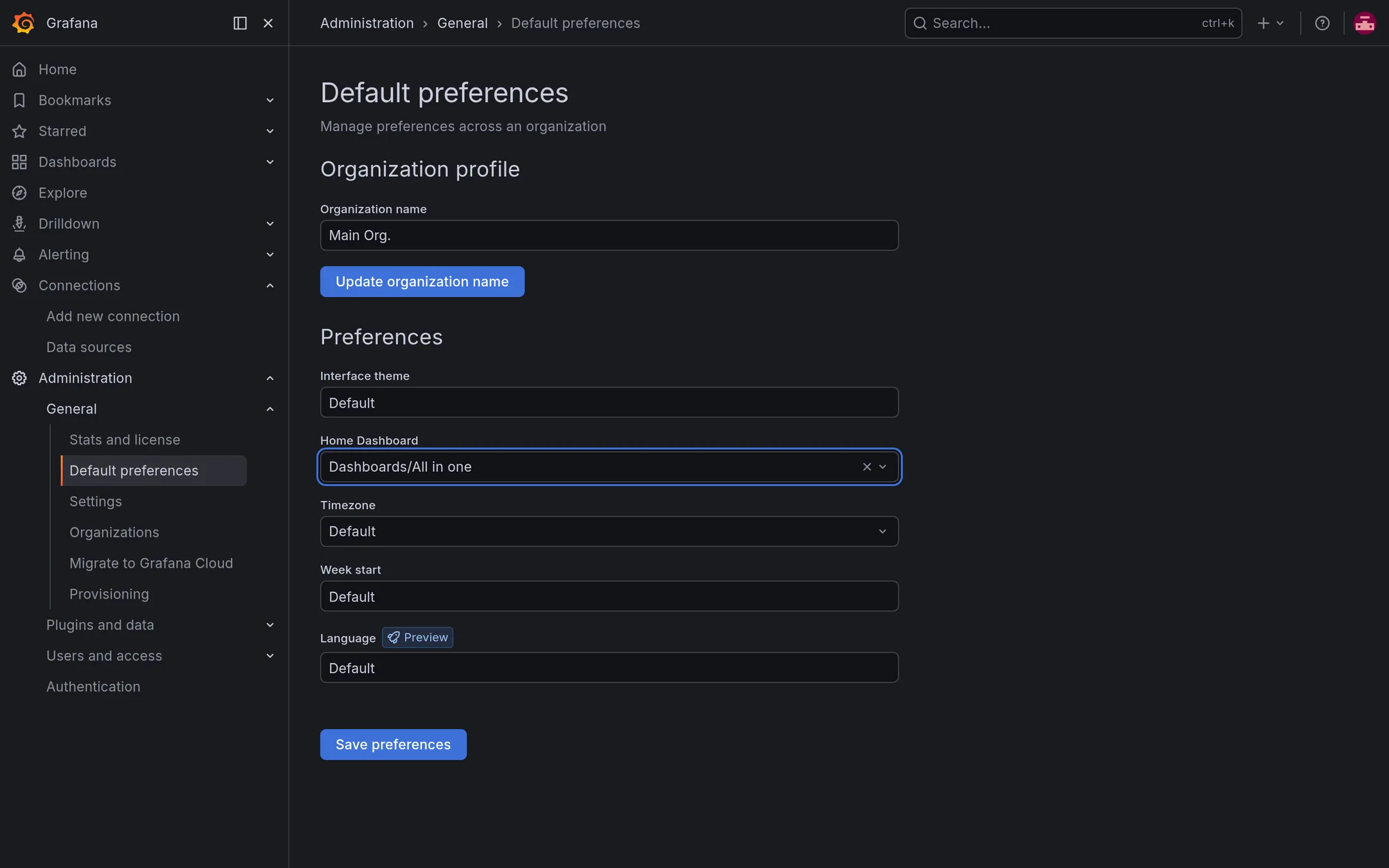Default preferences set the dashboard shown at login.
