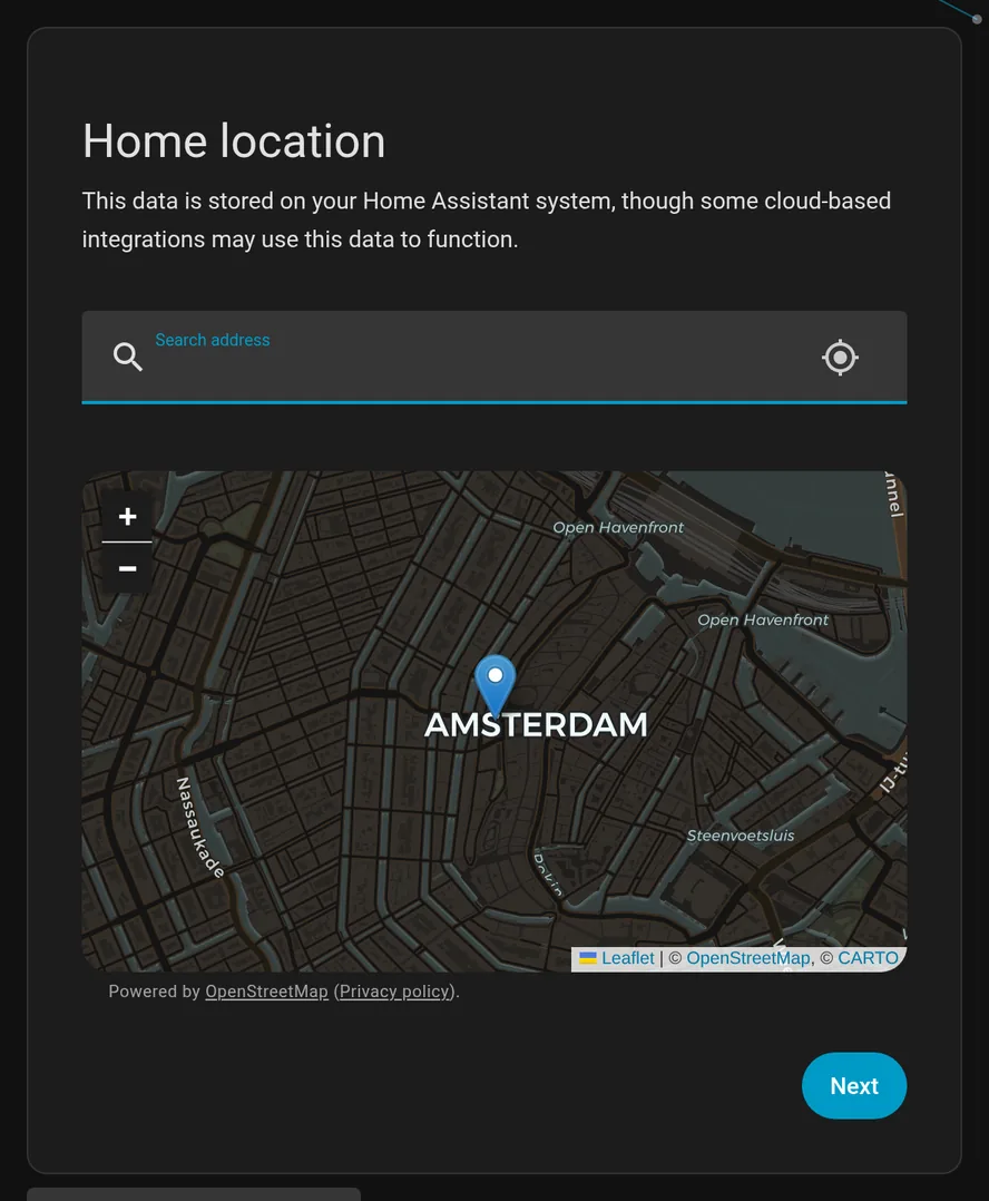 Location form sets the home's time zone.