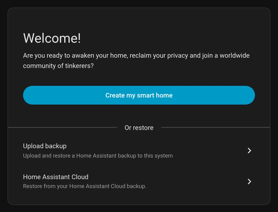 Onboarding welcome offers Create my smart home.