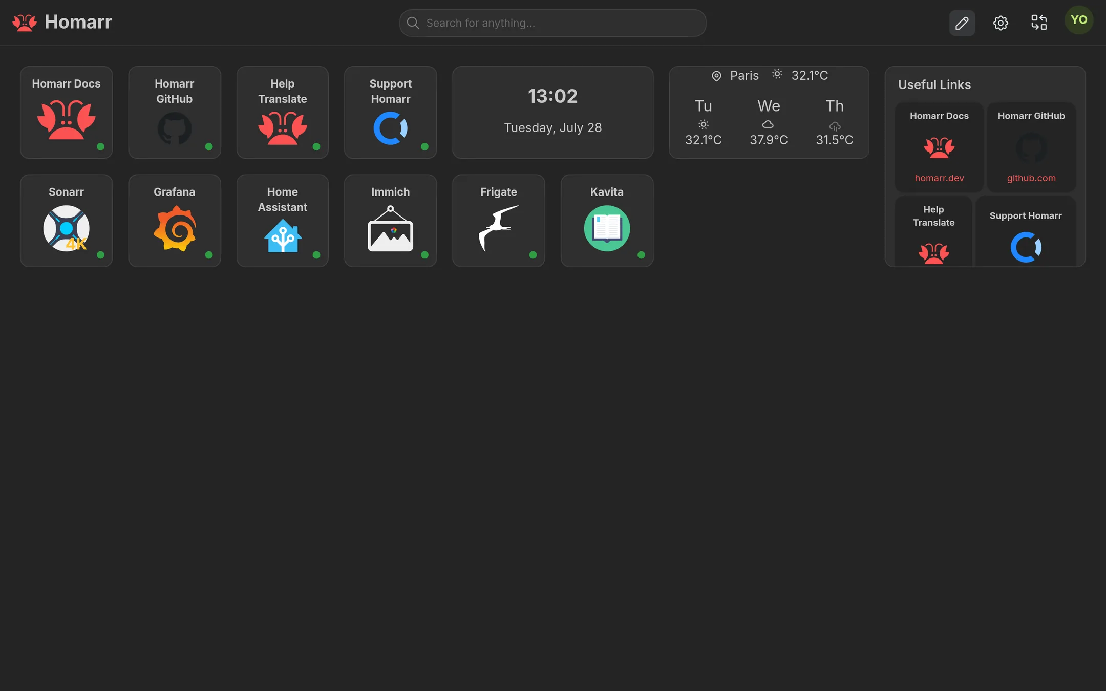 Homarr dashboard with tiles and live-status widgets linking every service