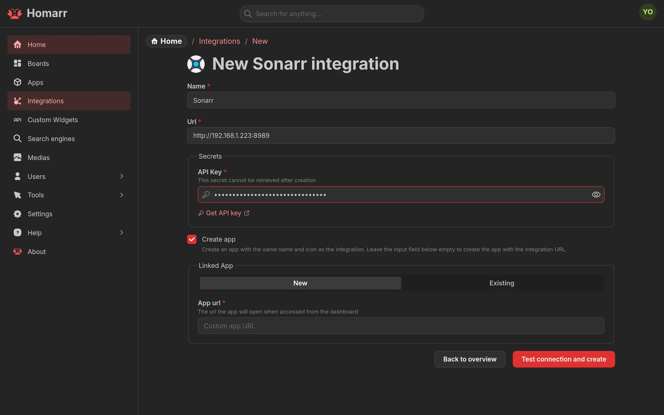 Connect a service integration with its URL and API key or credentials