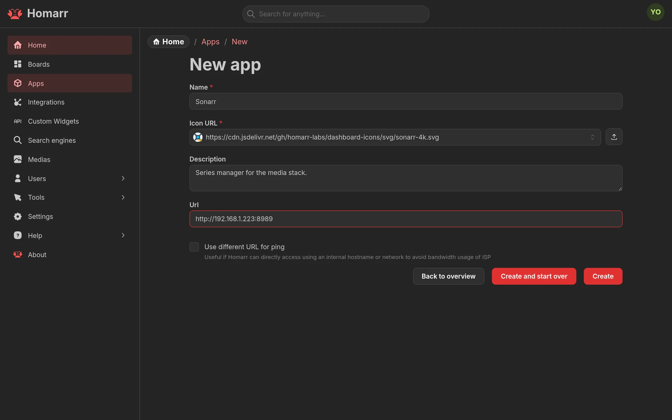 Register a service as an app with its name, icon, and address