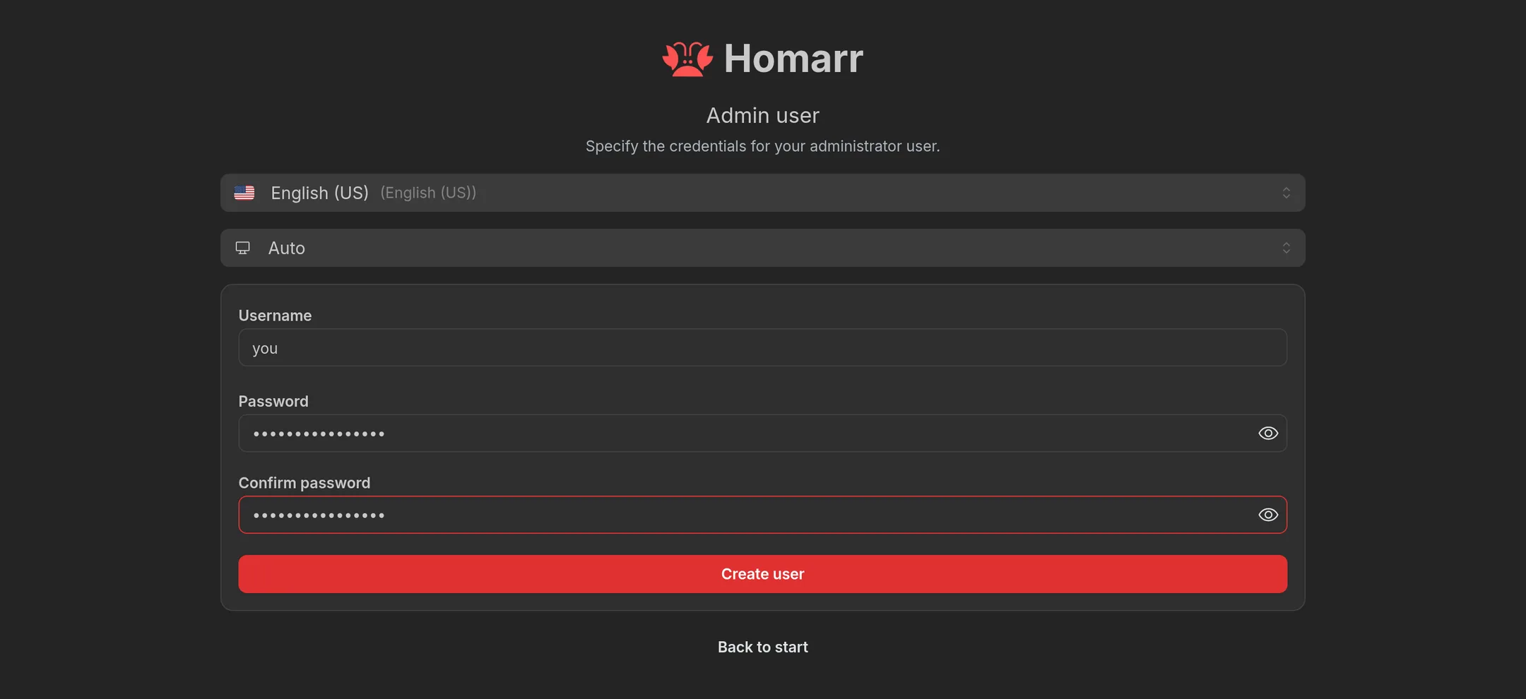 Create the Homarr admin account