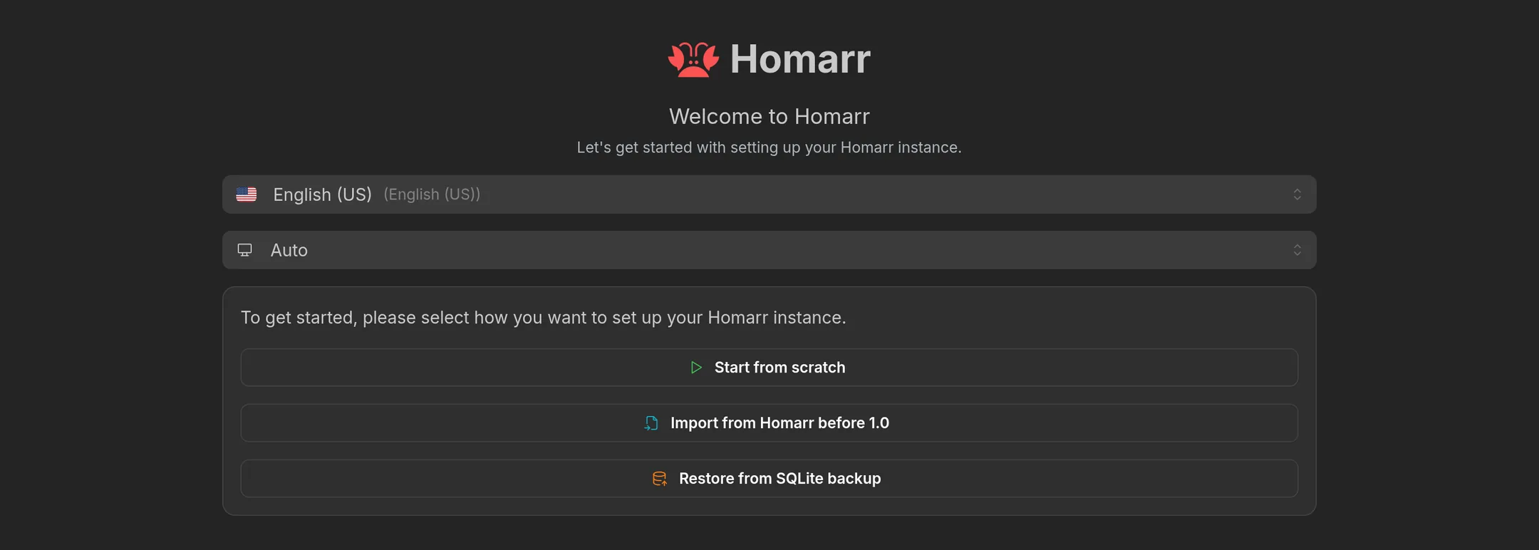 Start the Homarr onboarding from scratch