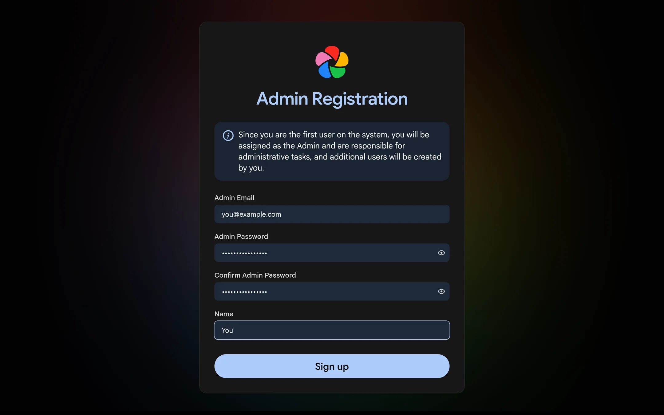 Register the first account, which becomes the admin.